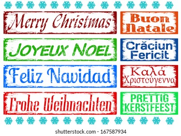 Merry Christmas stamps set in different languages, vector illustration