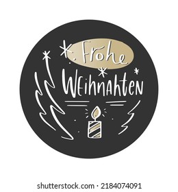 Merry Christmas sticker design in German language. Black, white and gold greeting phrase with with candle and Christmas trees to use for winter holiday product packaging decoration, banner or card.