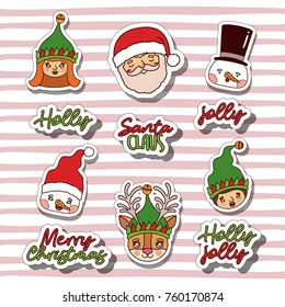 merry christmas with sticker faces of gnomes and snowman and santa claus and reindeer with background color lines