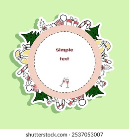 Merry Christmas sticker frame with empty space and festive decoration on white background