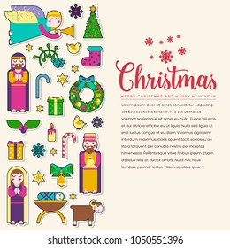 Merry Christmas sticker icons flat set background. Vector birth of Christ illustration background concept
