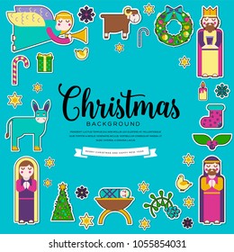 Merry Christmas sticker icons sticker flat set background. Vector birth of Christ illustration background concept