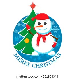 Merry Christmas sticker with the image of a Christmas tree, snowman and snowflakes.