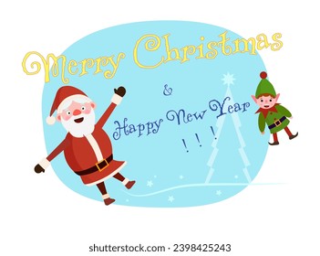 Merry Christmas sticker - Santa Claus and Elf are playing on the ice near the big Christmas tree. Greeting card, sticker, gift label