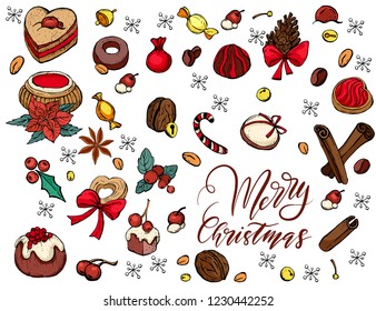 Merry Christmas sticker set with candy, christmas tree, cristmas bell. Happy New Year sticker set.