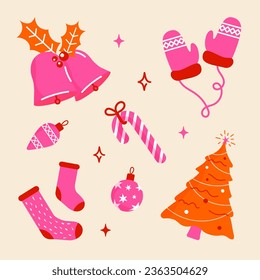 Pegatina navideña envuelta con campana de navidad de caramelos. Juego de stickers de Año Nuevo feliz con copo de nieve actual y caldo de cultivo.