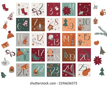 Merry Christmas sticker set with clipart and count down 1 to 25. Winter holiday gift labels ready to print. Vector graphic for sublimation or package decoration. 