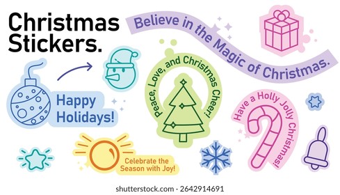 Merry Christmas sticker set with funny cartoon icons and symbols, Santa tree gifts, ornaments, holly sock,s baubles in retro cute vector style for decoration