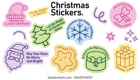 Merry Christmas sticker set with funny cartoon icons and symbols, Santa tree gifts, ornaments, holly sock,s baubles in retro cute vector style for decoration