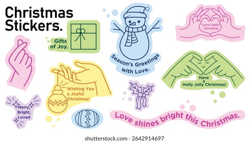 Merry Christmas sticker set with funny cartoon icons and symbols, Santa tree gifts, ornaments, holly sock,s baubles in retro cute vector style for decoration