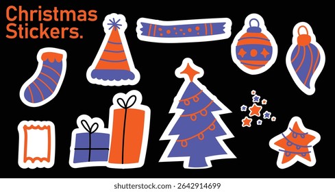 Merry Christmas sticker set with funny cartoon icons and symbols, Santa tree gifts, ornaments, holly sock,s baubles in retro cute vector style for decoration