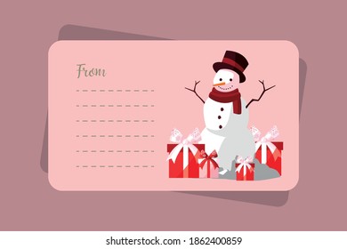 merry christmas sticker with snwoman and gifts vector illustration