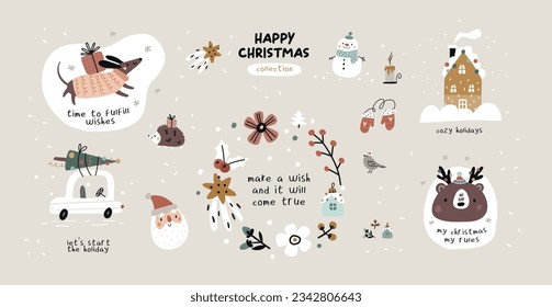 Feliz Navidad pegatinas con personajes lindos Santa, árboles, regalos, hogar acogedor. Impresiones de año nuevo dibujadas a mano con adorables elementos de diseño tradicionales. Ilustración navideña de saludo con citas de deseos