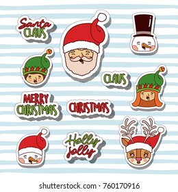 merry christmas with stickers faces of gnomes and snowman and santa claus and reindeer with background color lines