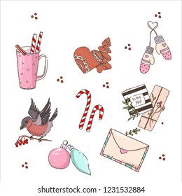 Merry Christmas stickers, mug, cocoa, gingerbread cookies, mittens, bird, candy, gift, Christmas toy, letter