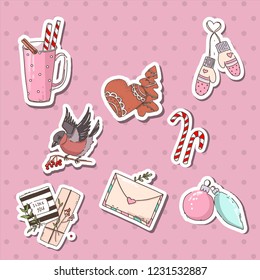 Merry Christmas stickers, mug, cocoa, gingerbread cookies, mittens, bird, candy, gift, Christmas toy, letter