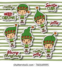 merry christmas with stickers pattern of boy gnome and christmas text with background green lines