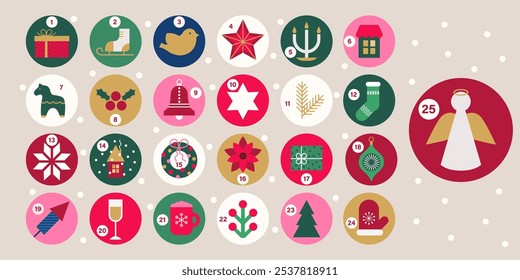 Merry Christmas stickers set for advent calendar. Modern minimalist geometric elements. Vector flat illustration.
