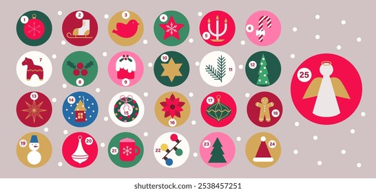 Merry Christmas stickers set for advent calendar. Modern minimalist geometric elements. Vector flat illustration.
