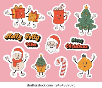 Merry Christmas stickers set in retro groovy style. Cute Santa Clous, gift, Christmas tree, candy cane, cocoa mugs, Christmas decoration in hippy style 60s,70s. Holly Jolly vibes, holiday greeting.