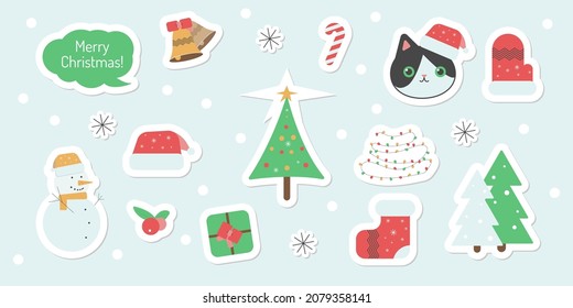 Merry christmas stickers set. Christmas tree, cat, snowman, garland. New year, holiday. vector eps10