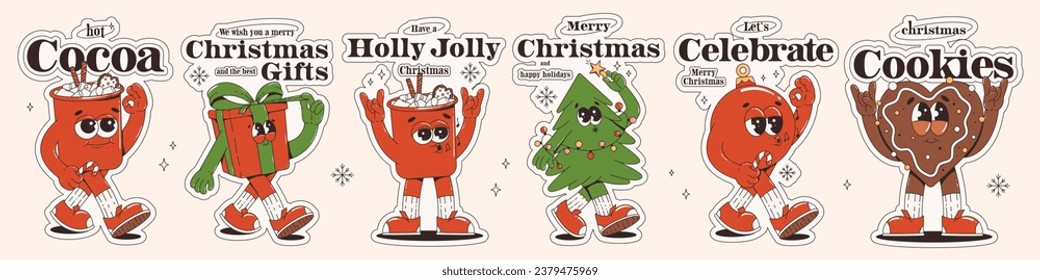 Merry Christmas stickers set with trendy groovy characters and phrase, slogan. Gift box, cocoa, christmas tree, cookie, ball. Vector illustration.