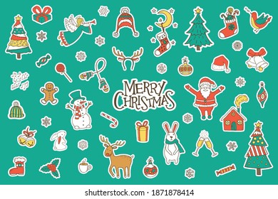 Merry Christmas Stickers Set. Vector illustration.