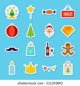 Merry Christmas Stickers. Vector Illustration. Winter Holiday. Collection of Happy New Year Symbols.