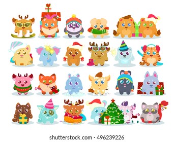Merry Christmas stickers,flat patches collection: cute cartoon baby animals, winter cap, scarf, sock, gifts,sports equipment, isolated icon set.Happy New Year Hand drawn colorful Vector illustration.