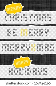 Merry Christmas stitched embroidered yellow gray torn Christmas wishes set on dark background
