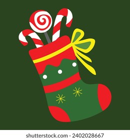 Merry Christmas stockings for event celebration. Christmas treat vector illustration. 25th December gifts, elements, ornaments and treats