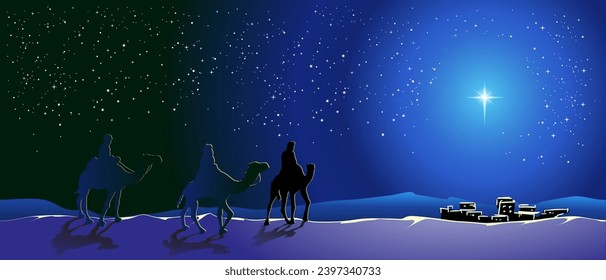 Merry Christmas. Christmas story. Three wise men follow the star to Bethlehem to worship the infant Jesus Christ, the savior of the world, Son of God , symbol of Christianity vector illustration