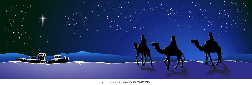 Merry Christmas. Christmas story. Three wise men follow the star to Bethlehem to worship the infant Jesus Christ, the savior of the world, Son of God , symbol of Christianity vector illustration