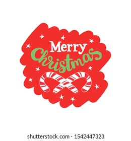 Merry Christmas. Striped lollipops. Stars. Holiday lettering. Isolated vector object on a white background.