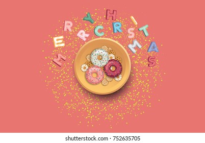 Merry Christmas style Donuts and cookie Set. On merry christmas letters and ribbon background. vector, illustration.