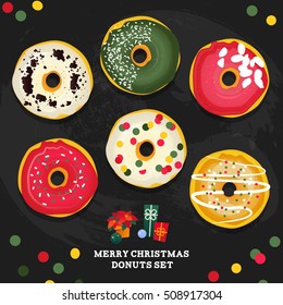 Merry Christmas style Donuts Set. Vector collection of glazed colored donut in a realistic style on chalk board. 