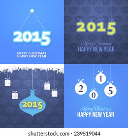Merry Christmas Stylish Text 2015 Concept and Happy New Year Hanging Badges, Card, Background Set Blue Style