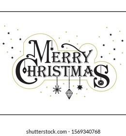 Merry Christmas stylized message banner with hanging ornaments and stars on white background