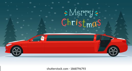 Merry Christmas stylized typography. Red limousine with Santa Claus on the background of a winter landscape. Vector flat style illustration.