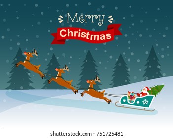 Merry christmas stylized typography. Santa Claus on sledge and deers with gifts and christmas tree. Vector flat style illustration