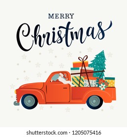 Merry christmas stylized typography. Vintage red car with santa claus, christmas tree and gift boxes. Vector flat style illustration.