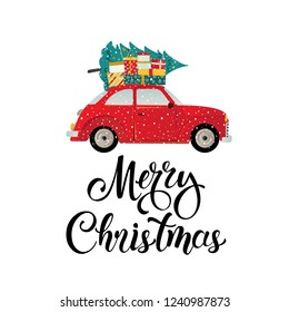 Merry christmas stylized typography. Vintage red car with christmas tree and gift boxes. Vector flat style illustration.