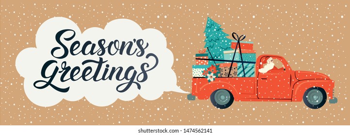 Merry christmas stylized typography. Vintage red car with santa claus, christmas tree and gift boxes. Vector flat style illustration.