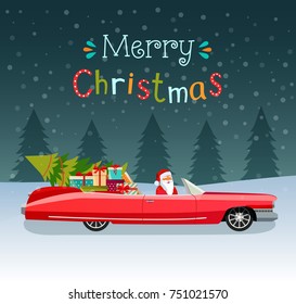 Merry christmas stylized typography. Vintage red cabriolet with santa claus, christmas tree and gift boxes. Vector flat style illustration