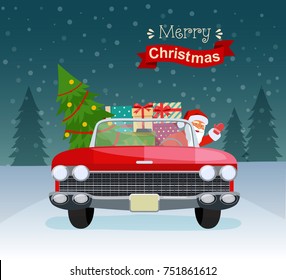 Merry christmas stylized typography. Vintage red cabriolet with santa claus, christmas tree and gift boxes. Vector flat style illustration