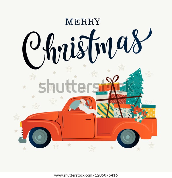 Merry christmas stylized typography.\
Vintage red car with santa claus, christmas tree and gift boxes.\
Vector flat style\
illustration.