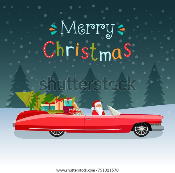 Merry christmas stylized typography. Vintage\
red cabriolet with santa claus, christmas tree and gift boxes.\
Vector flat style\
illustration