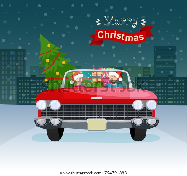 Merry christmas stylized typography. Vintage
red cabriolet with couple, christmas tree and gift boxes. Vector
flat style illustration