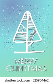 Merry Christmas. Stylized white silhouette of a tree and snowflake, colorful blue background. Winter abstract card. Imitation cut paper, mid-century modern style graphic 50s and 60s, vector EPS 10
