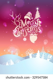 Merry Christmas sunset background. Merry Christmas sunset background. Hand-written text, Santa sock, hat, beard and glasses, holly berry, Christmas ball, antlers of a deer, trees on winter landscape.